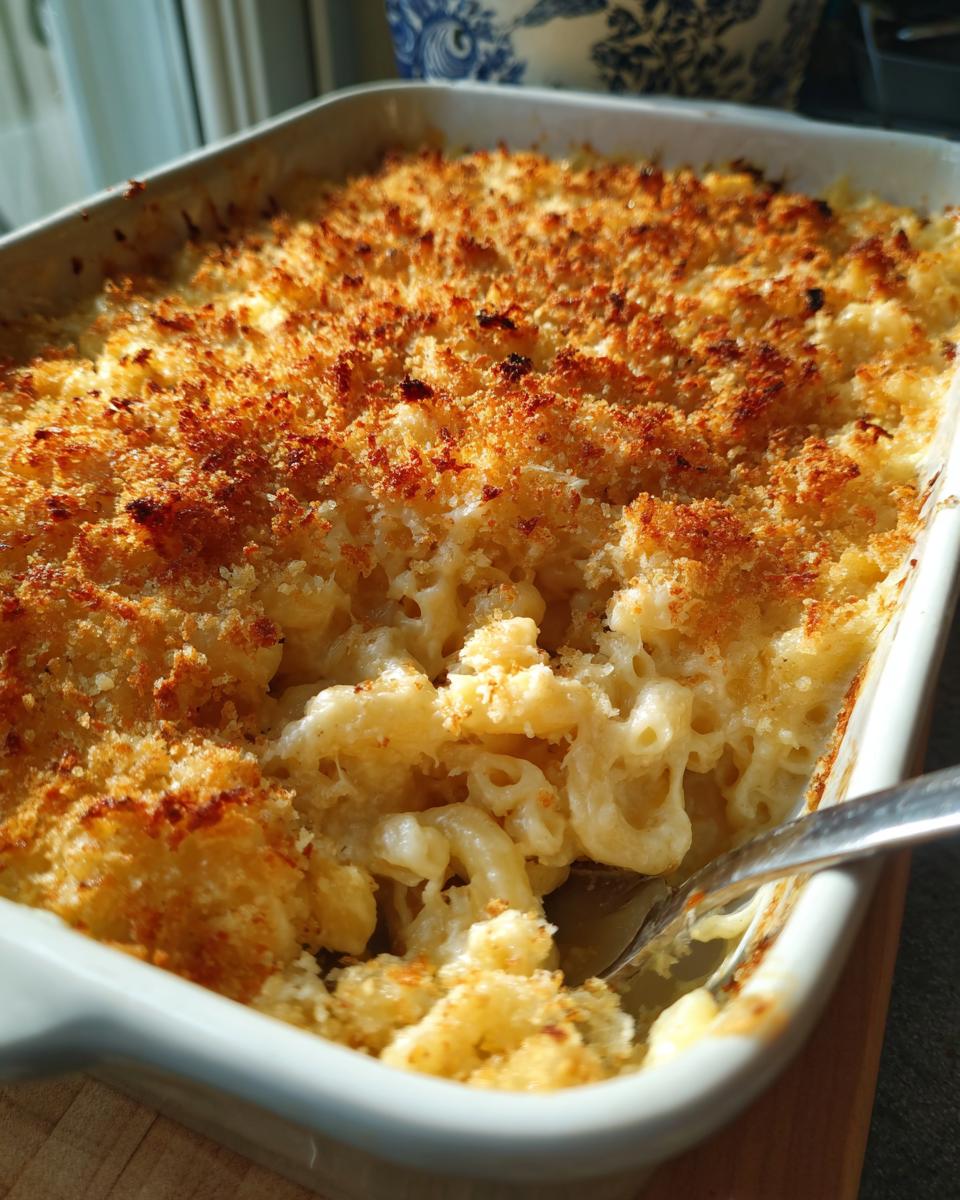 Close-up of Baked Mac and Cheese with a Crispy Top in a baking dish, with a spoon.
