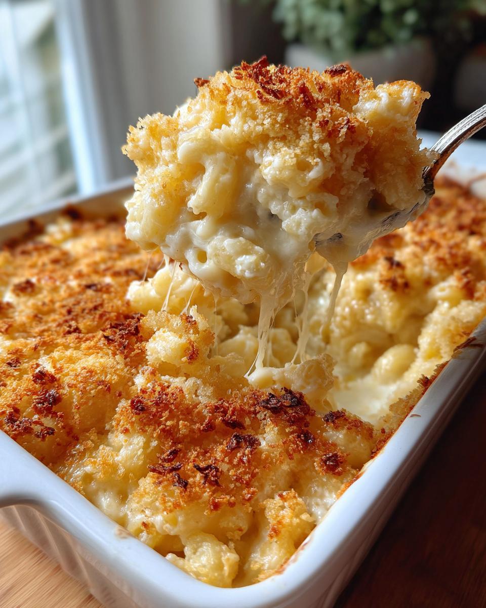Close-up of Baked Mac and Cheese with a Crispy Top, showing cheesy pull and golden crust.