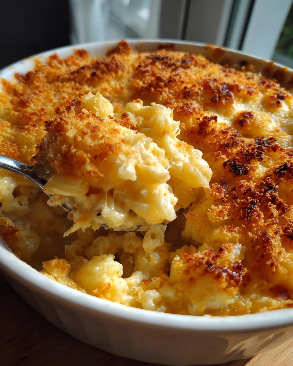Close-up of Baked Mac and Cheese with a Crispy Top, showing cheesy noodles and golden crust.