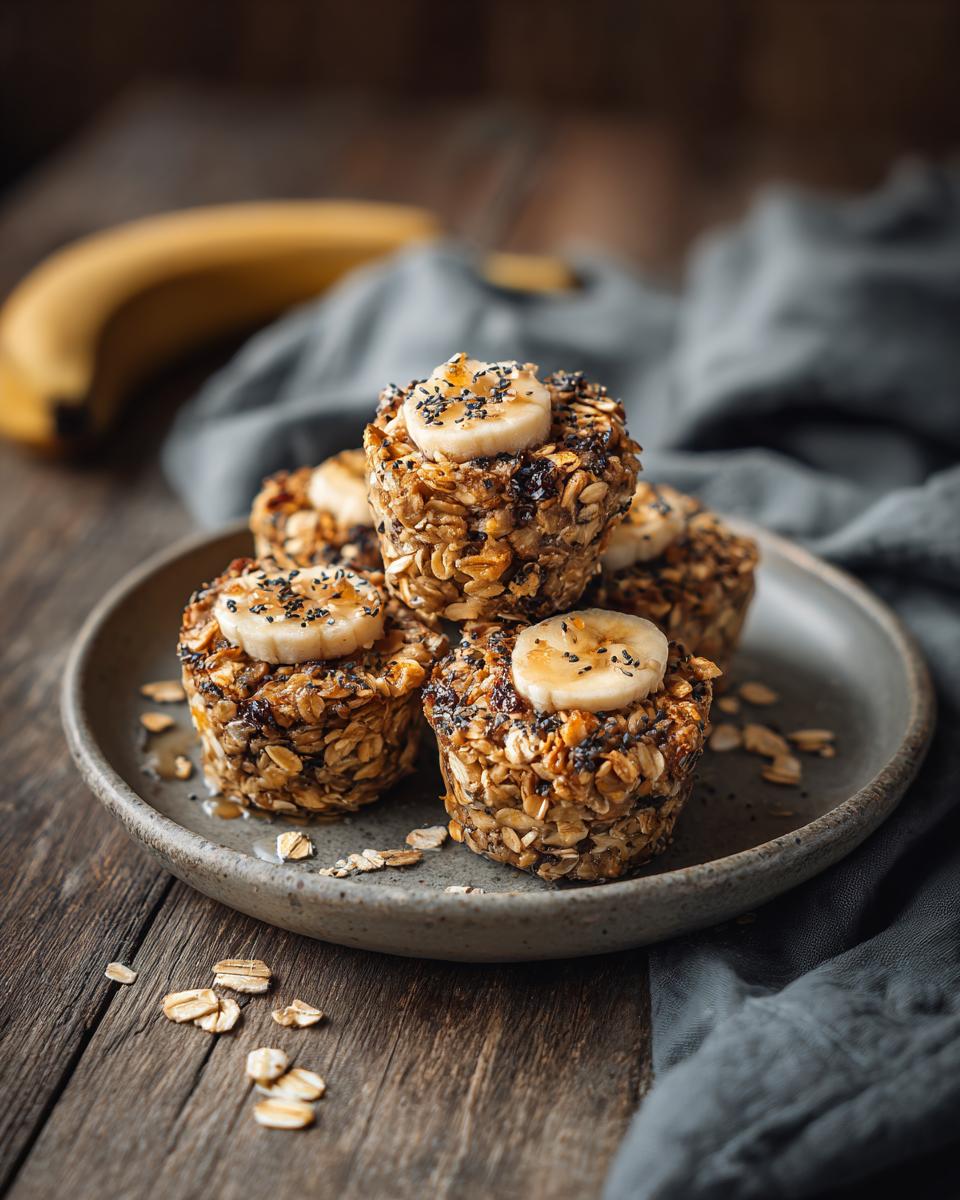 Close-up of a plate with several Banana Oat Bites, topped with banana slices and seeds.