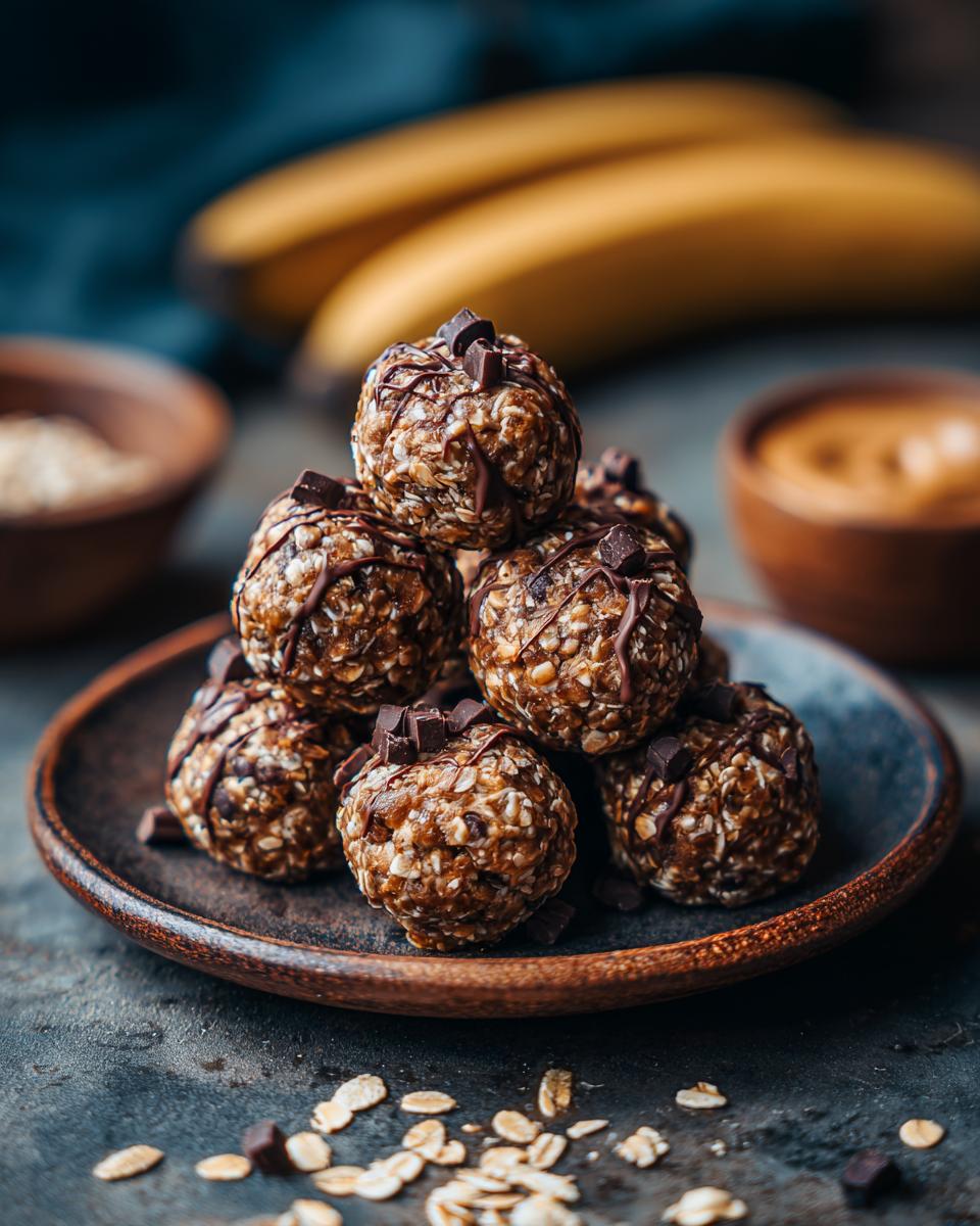A stack of homemade Banana Oat Bites on a plate, with bananas and ingredients in the background.