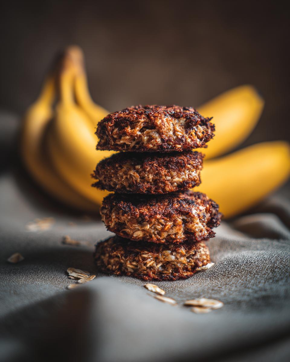 A stack of freshly baked Banana Oat Bites, with bananas in the background.