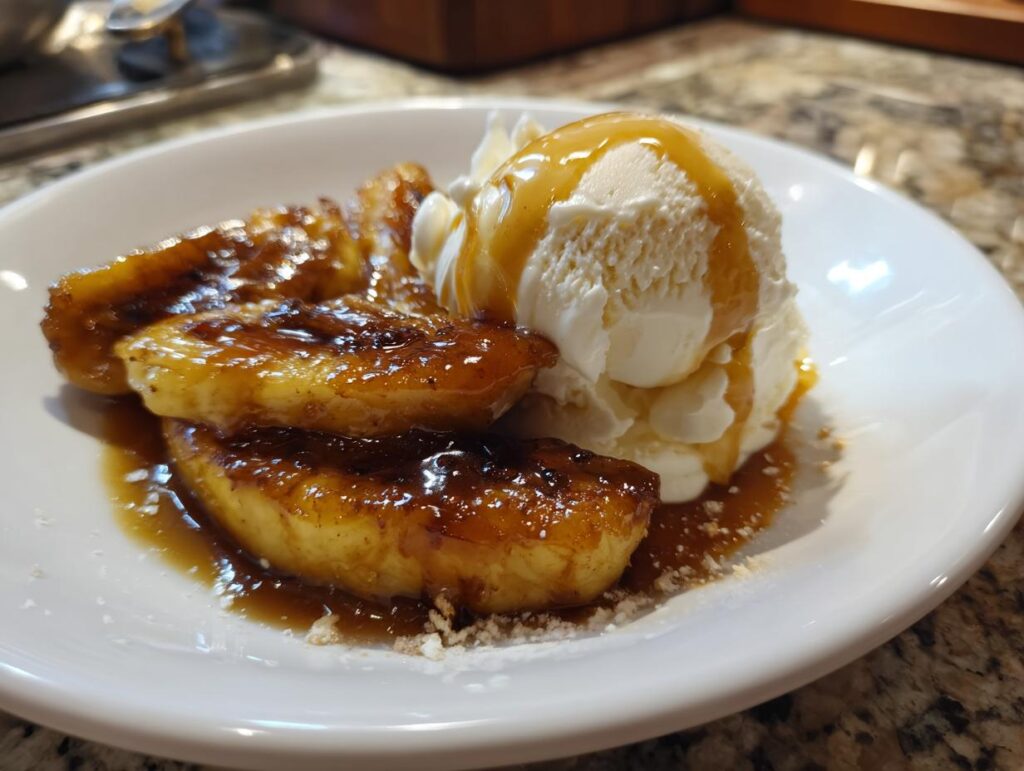 Close-up of Bananas Foster Dessert with caramelized bananas and vanilla ice cream.