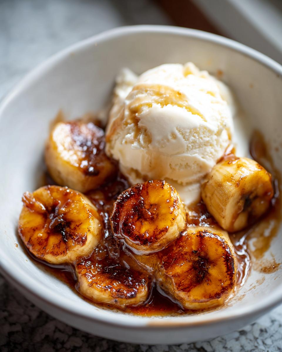 Close-up of Bananas Foster Dessert with caramelized bananas and vanilla ice cream in a white bowl.