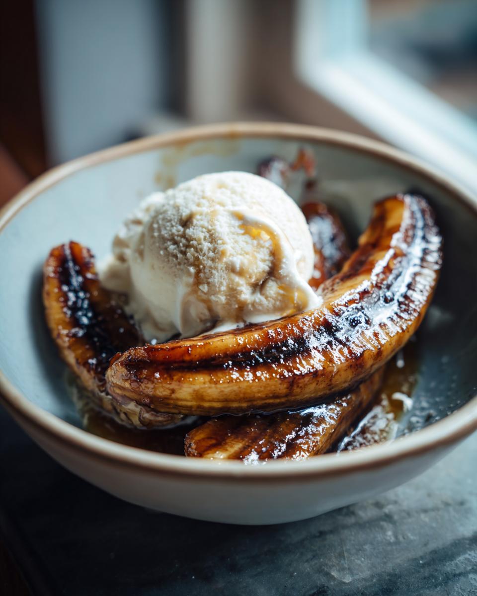 A bowl of Bananas Foster Dessert with caramelized bananas and a scoop of vanilla ice cream.