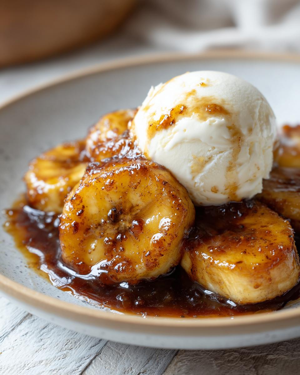Close-up of Bananas Foster Dessert with caramelized bananas and a scoop of vanilla ice cream.