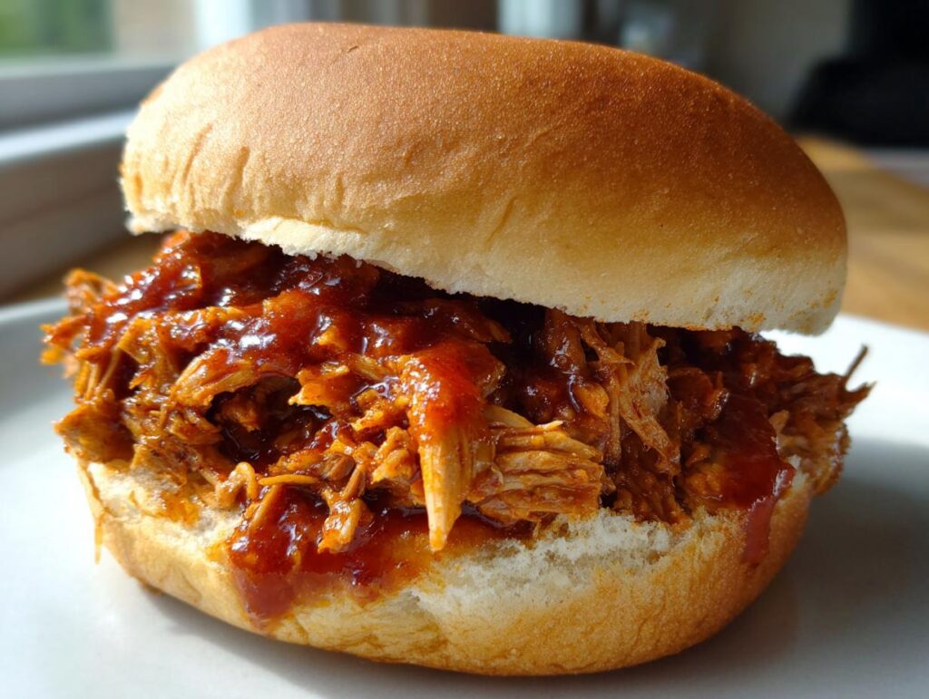 Close-up of a BBQ Pulled Pork Sandwich on a white plate, showcasing juicy pulled pork and sauce.