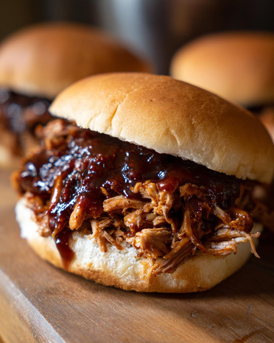 Close-up of a delicious BBQ Pulled Pork Sandwich on a bun, with sauce.