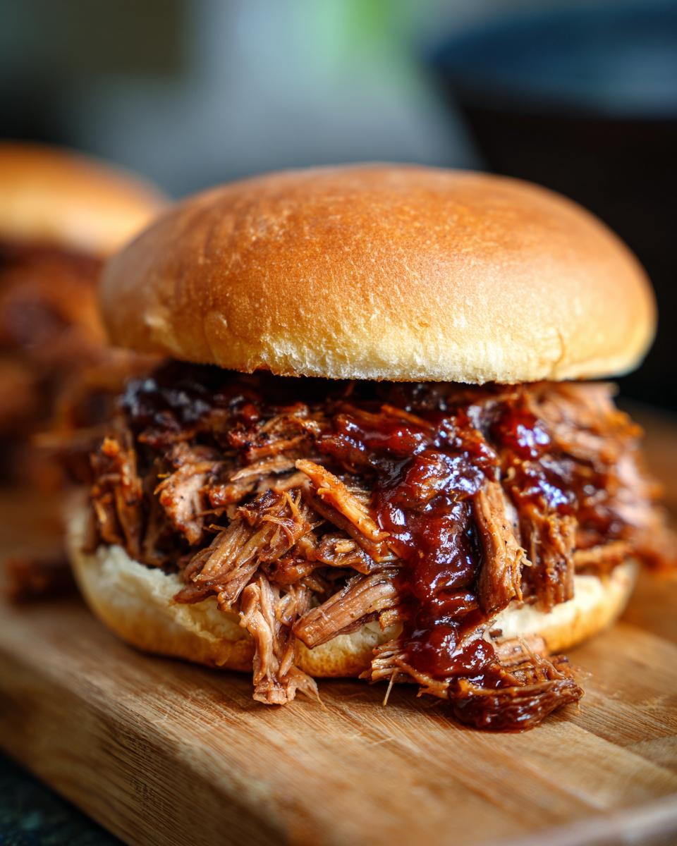 Close-up of a delicious BBQ Pulled Pork Sandwich on a bun, with sauce.