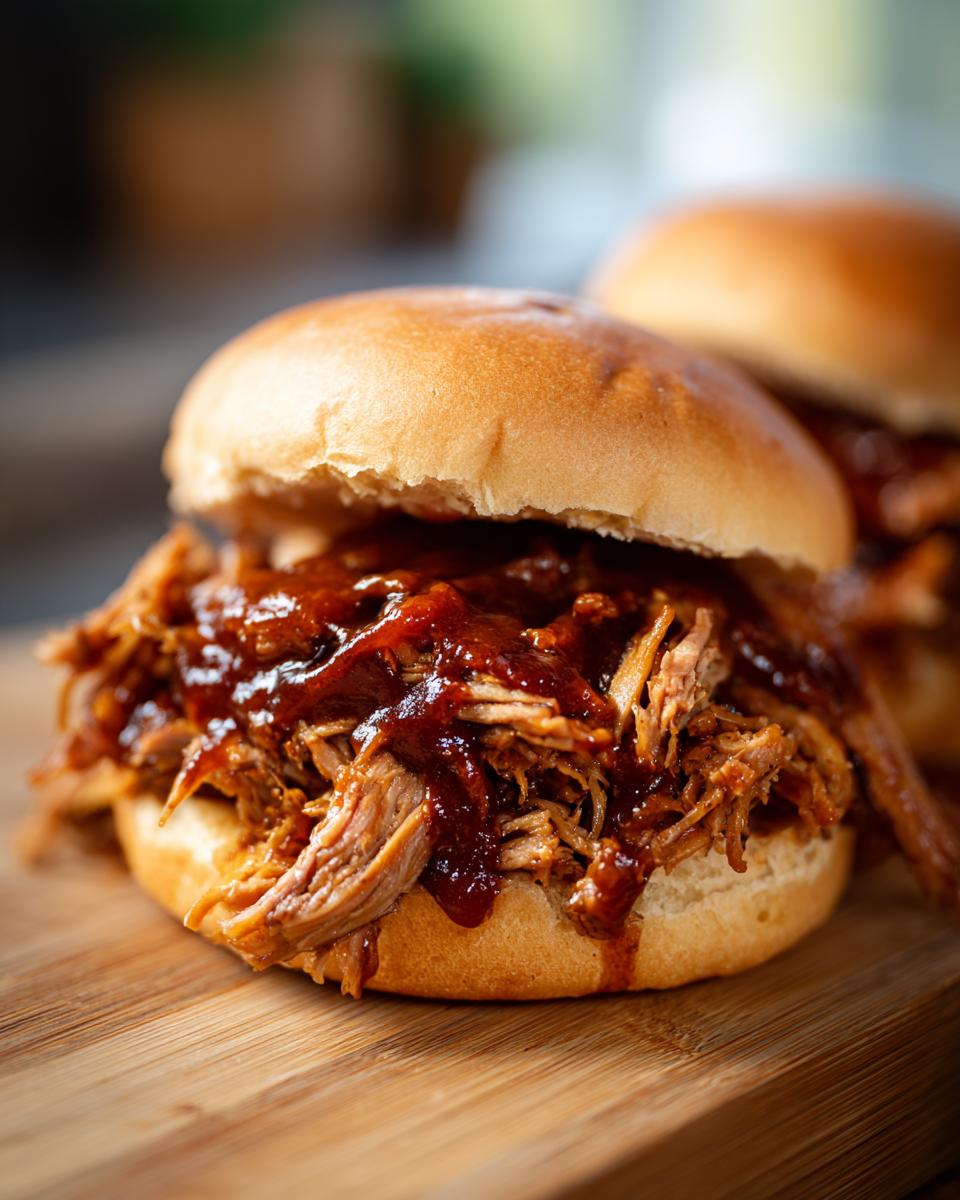 Close-up of a delicious BBQ Pulled Pork Sandwich on a wooden board, with BBQ sauce.