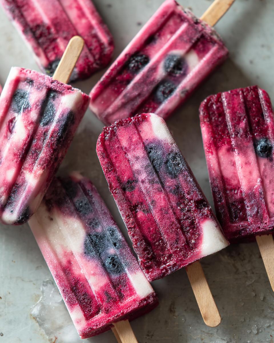 Close-up of several Berry Yogurt Pupsicles on a surface, showing the frozen treat with berries.