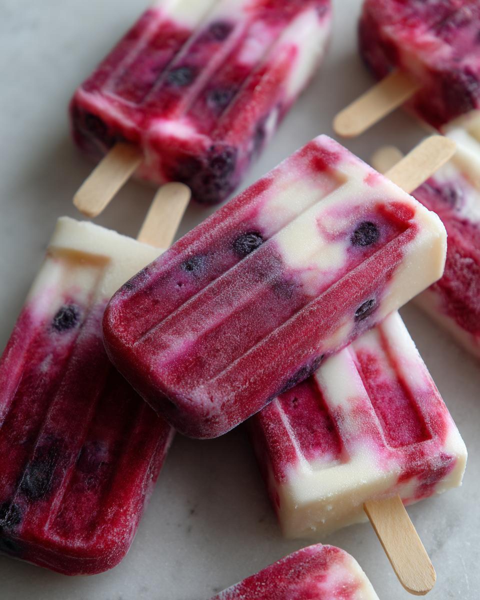 Close-up of several homemade Berry Yogurt Pupsicles, perfect for dogs.