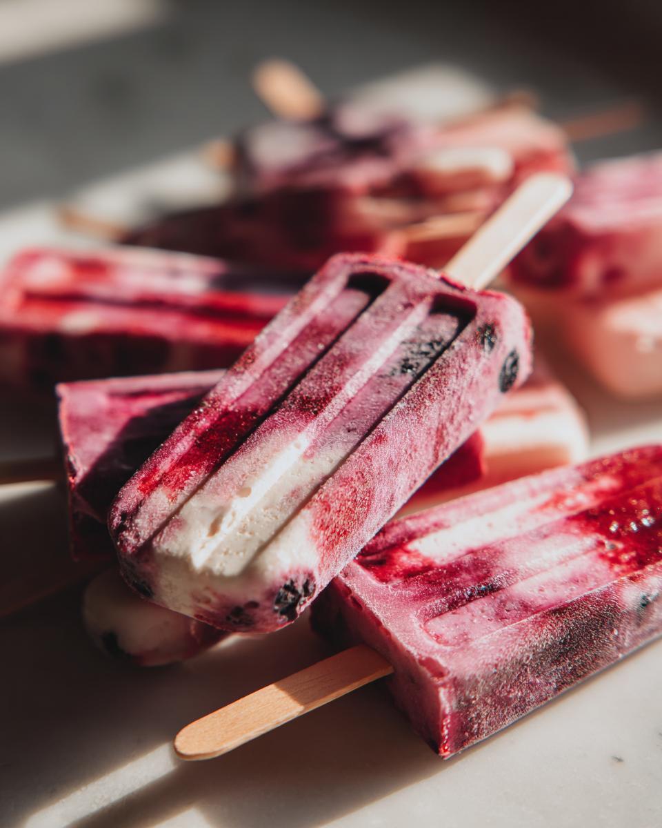Close-up of homemade Berry Yogurt Pupsicles, perfect for dogs.