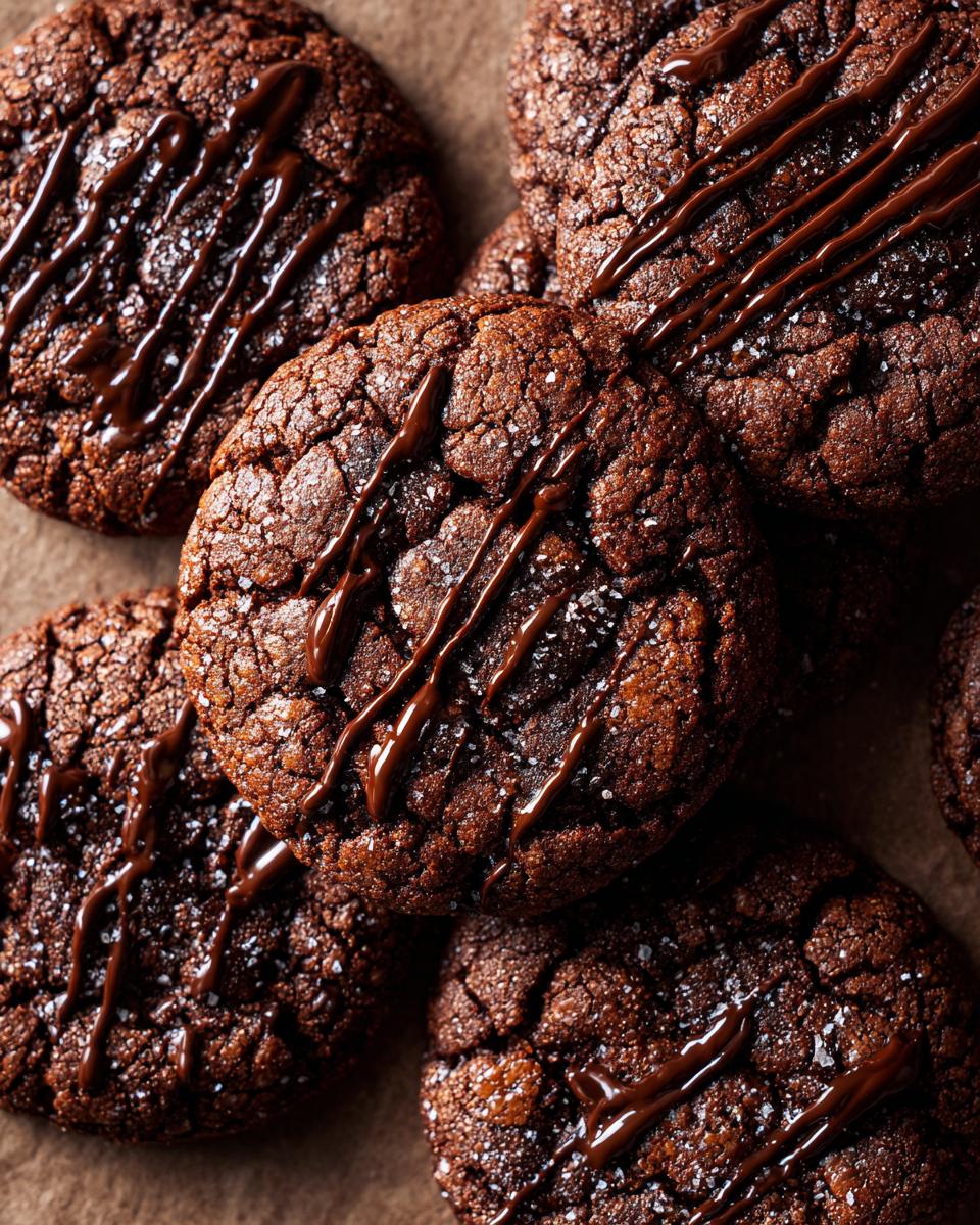 Close-up of Best Chocolate Sugar Cookies drizzled with chocolate and sprinkled with sea salt.