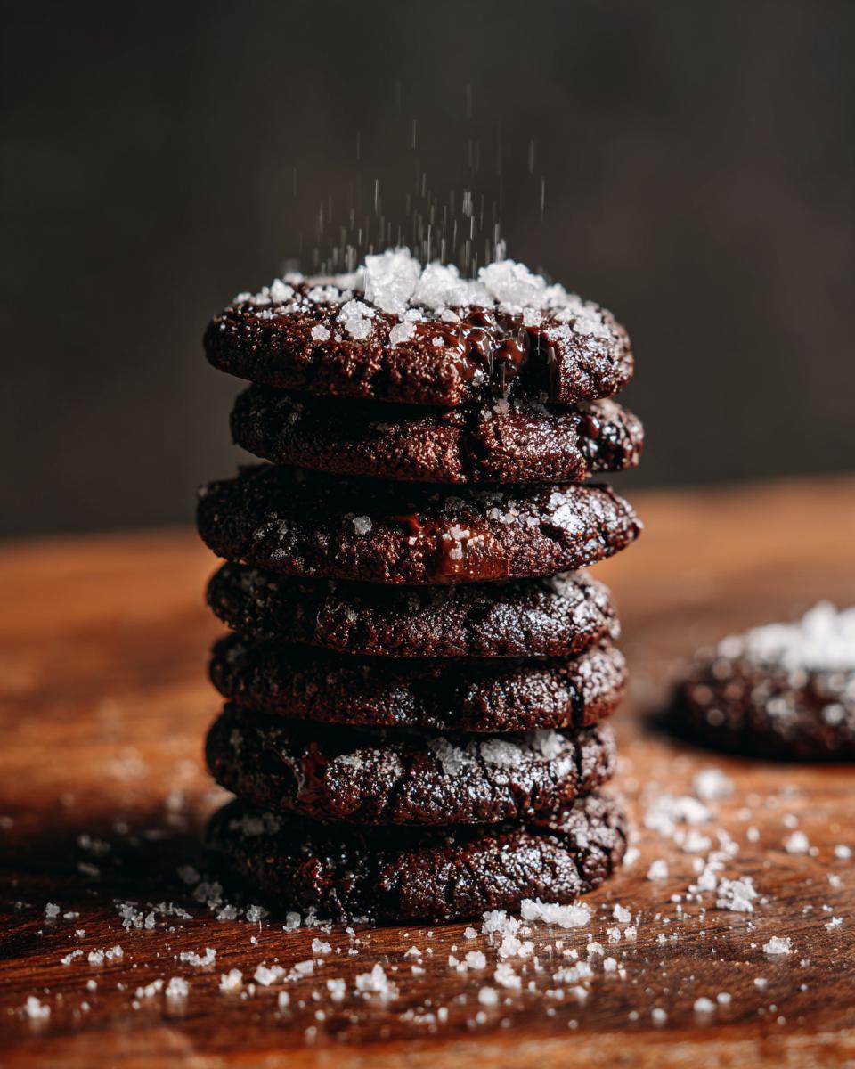 Stack of Best Chocolate Sugar Cookies with coarse salt sprinkled on top, on a wooden surface.