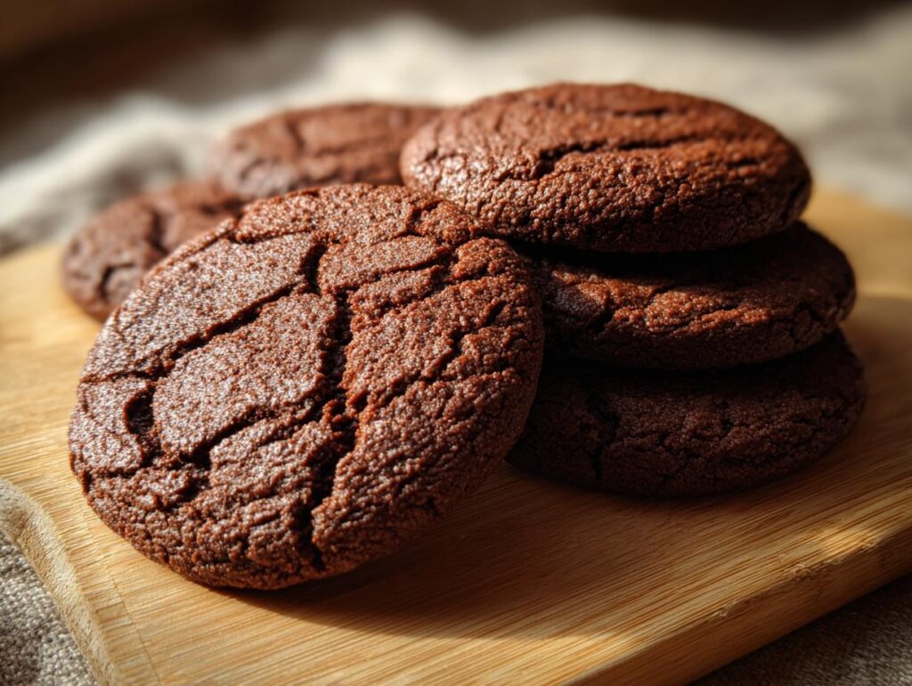Close-up of a stack of Best Chocolate Sugar Cookies on a wooden board.