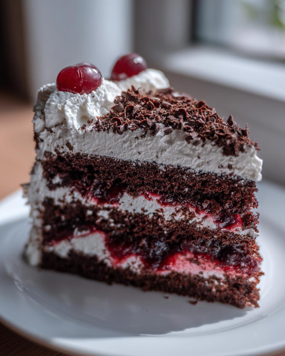A slice of Black Forest Cake on a white plate, topped with whipped cream, cherries, and chocolate shavings.