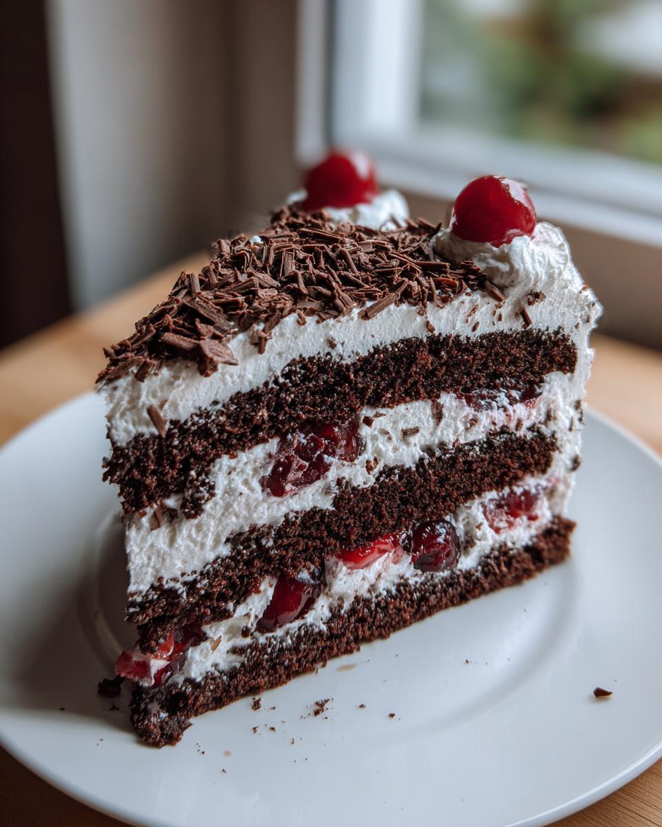 A slice of Black Forest Cake on a white plate, showing layers of chocolate cake, whipped cream, and cherries.
