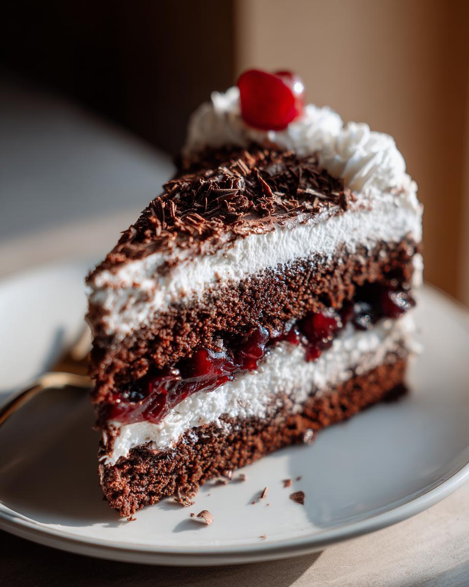 A slice of Black Forest Cake on a plate, showing layers of chocolate cake, whipped cream, and cherries.
