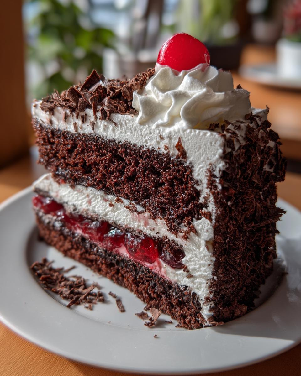 A delicious slice of Black Forest Cake with whipped cream, cherries, and chocolate shavings.