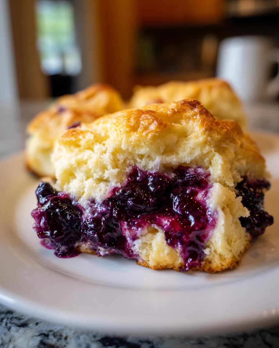 Close-up of a Blueberry Biscuit, showing the flaky layers and juicy blueberry filling.