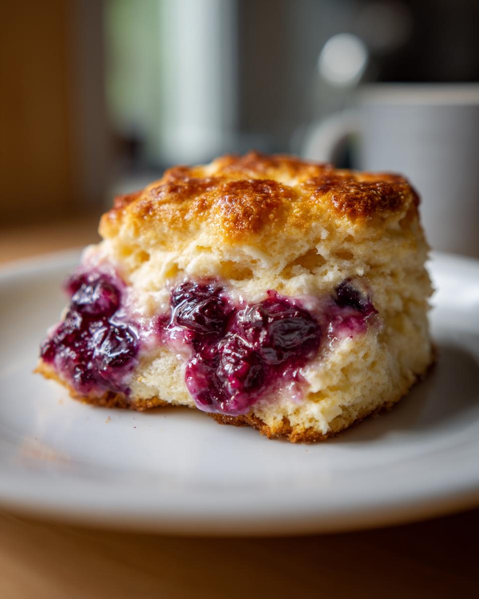 Close-up of a golden-brown Blueberry Biscuit on a white plate, filled with juicy blueberries.
