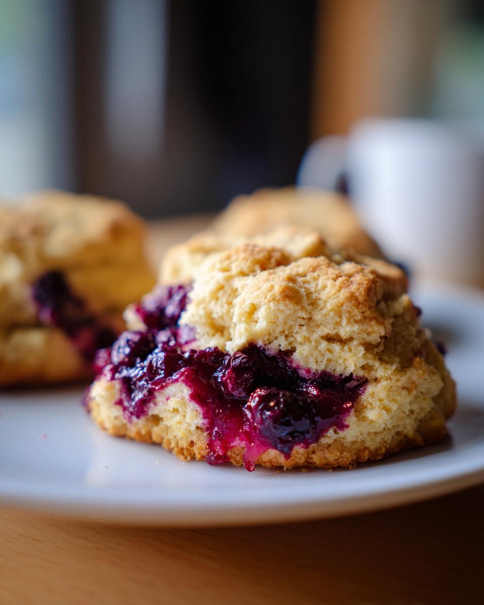 Close-up of a warm Blueberry Biscuit filled with fresh blueberry filling.