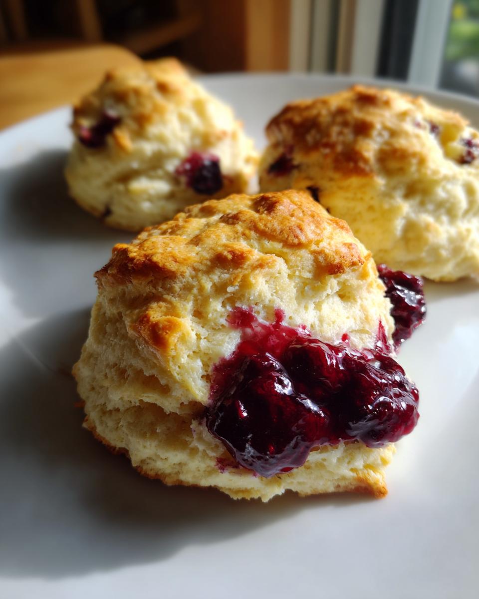 Close-up of fresh baked Blueberry Biscuits with jam on a white plate. 