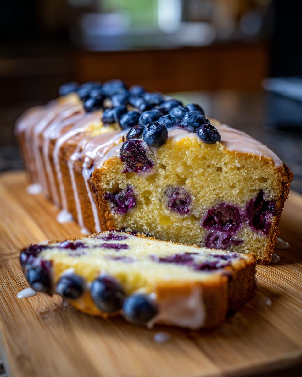 Close-up of a sliced Blueberry Lemon Pound Cake, showing blueberries and glaze, perfect for dessert.