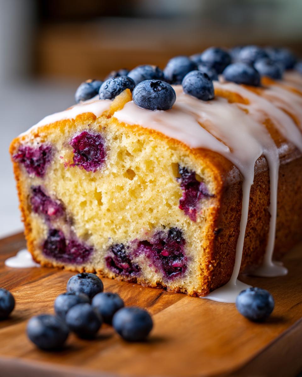 Close-up of a delicious Blueberry Lemon Pound Cake topped with fresh blueberries and glaze on a wooden board.