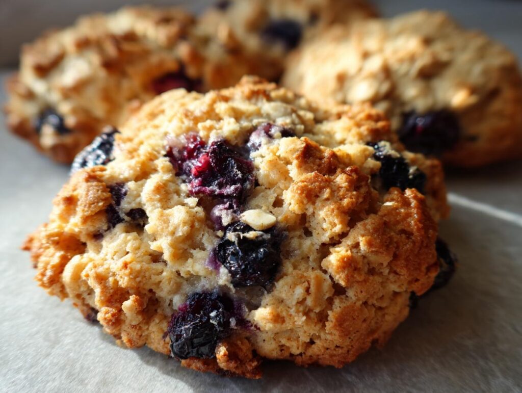 Close-up of a golden-brown Blueberry Oat Biscuits with fresh blueberries.