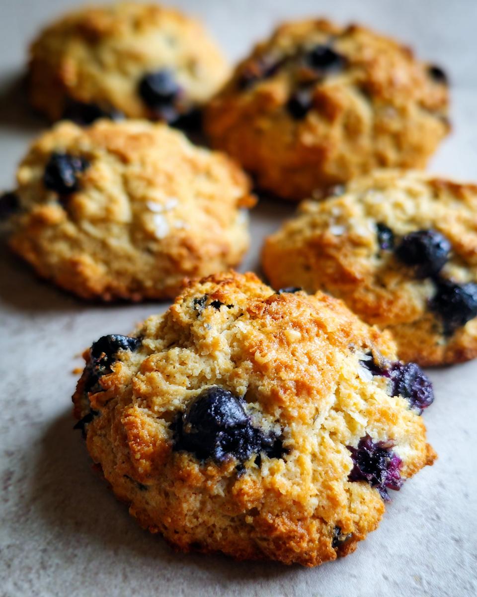 Close-up of several freshly baked Blueberry Oat Biscuits, golden brown with visible blueberries.