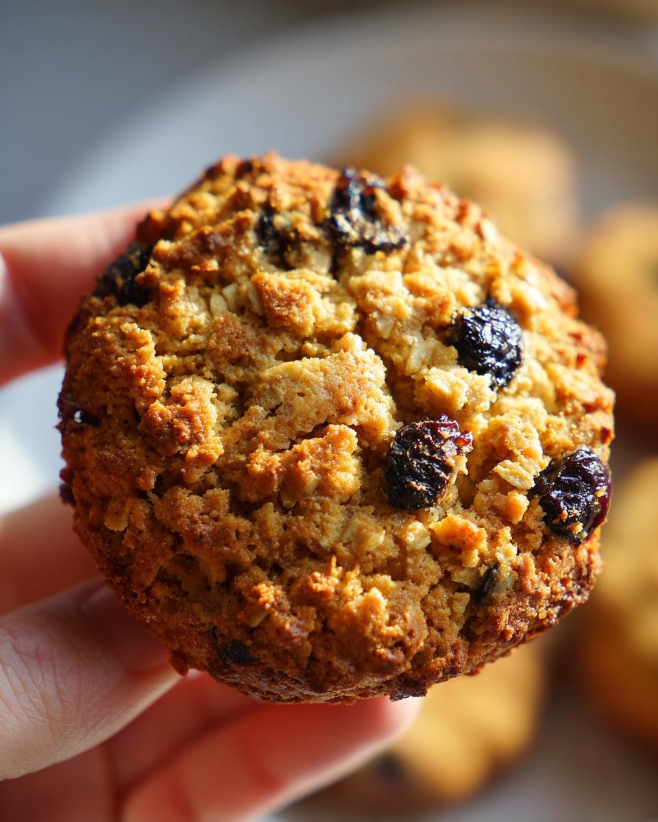 Close-up of a freshly baked Blueberry Oat Biscuit, showing oats and blueberries.
