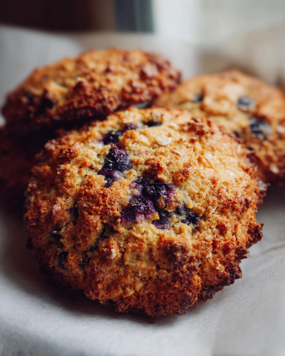 Close-up of delicious Blueberry Oat Biscuits, showing blueberries and oats.