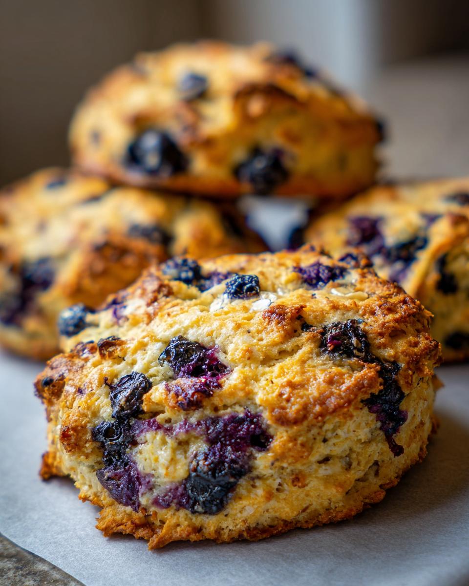 Close-up of freshly baked Blueberry Oat Biscuits, showing the blueberries and texture.