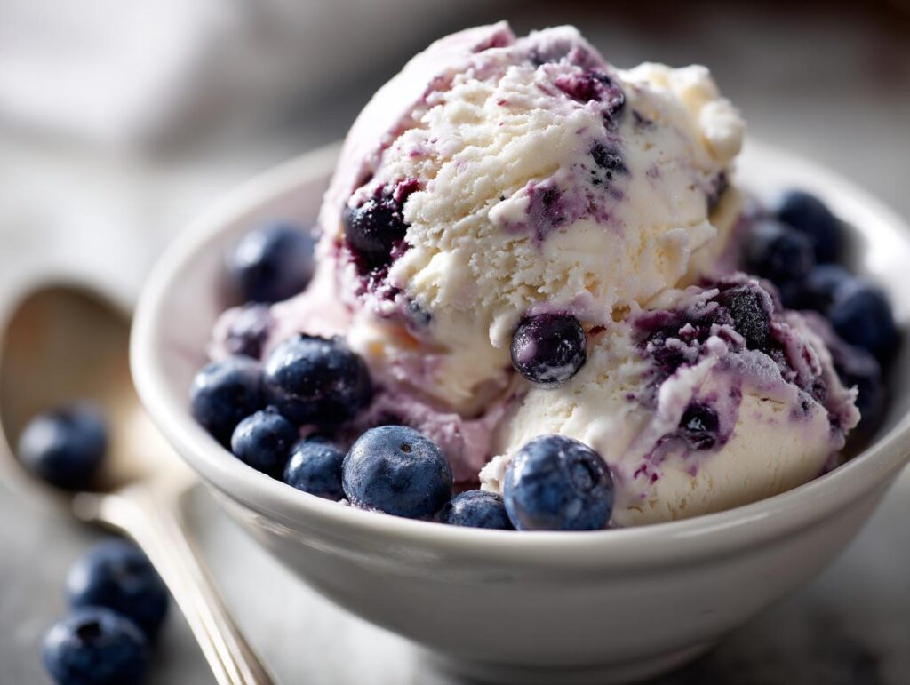 Close-up of a bowl filled with Blueberry Yogurt Ice Cream and fresh blueberries.