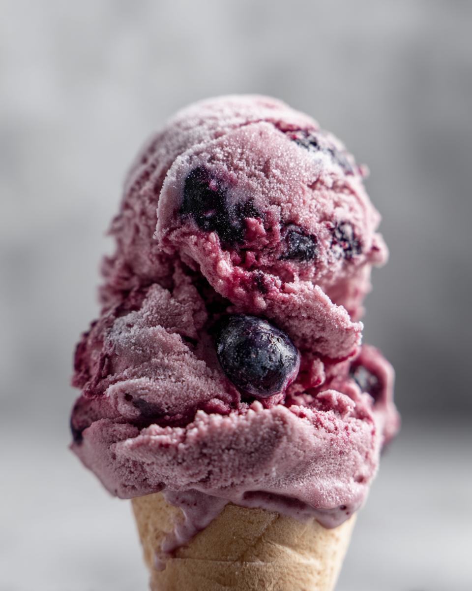 Close-up of a scoop of delicious Blueberry Yogurt Ice Cream in a waffle cone, with fresh blueberries.