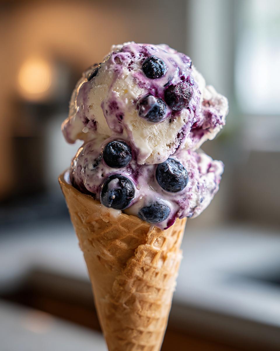 Two scoops of creamy Blueberry Yogurt Ice Cream in a waffle cone, topped with fresh blueberries.
