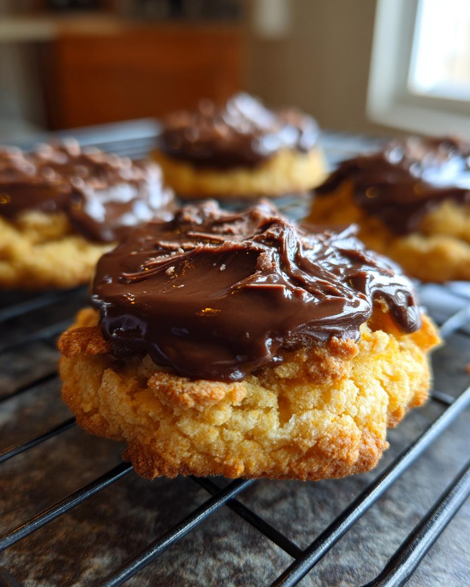 Close-up of a Best Boston Cream Pie Cookie Dessert with cream filling and chocolate ganache.