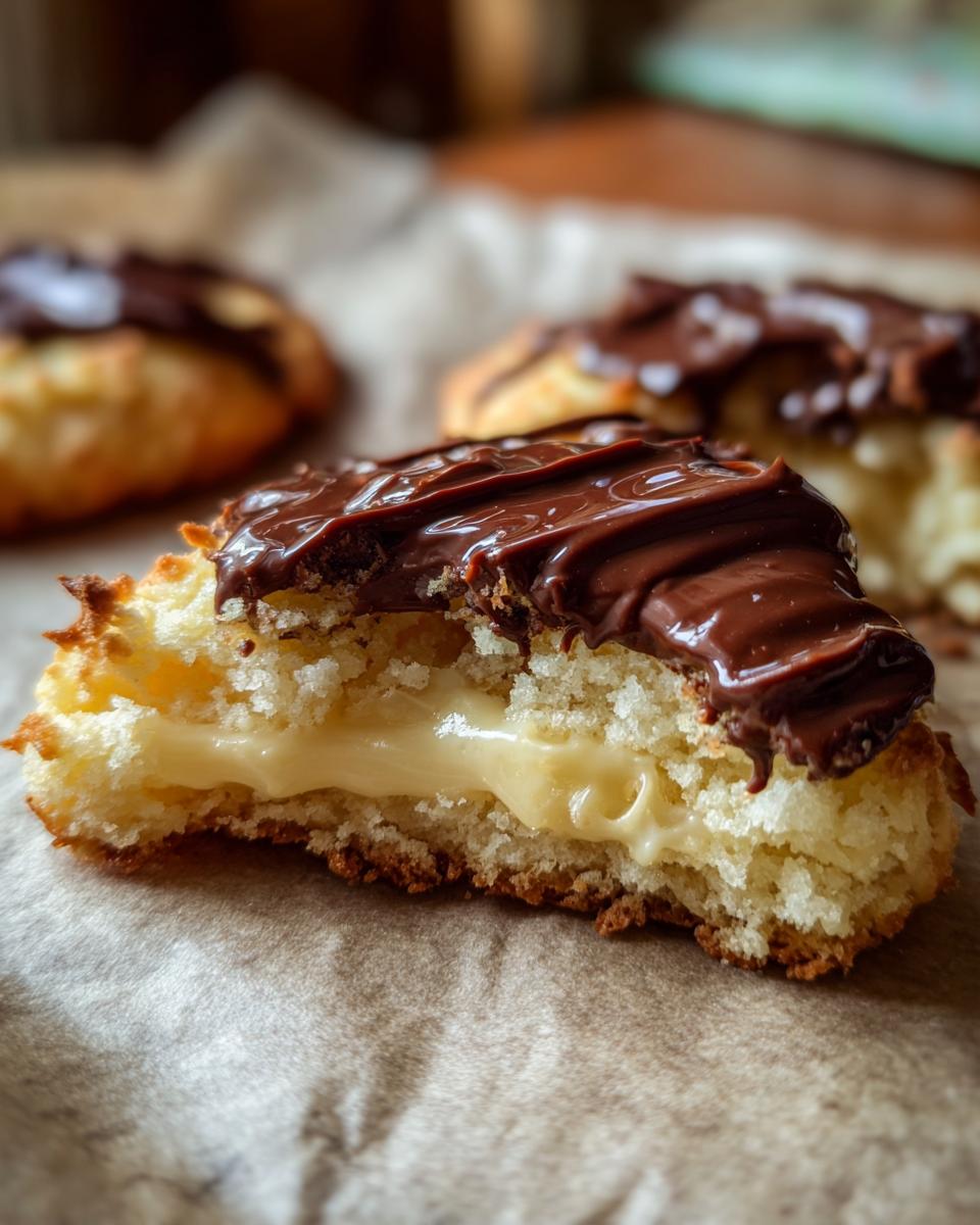 Close-up of a Best Boston Cream Pie Cookie Dessert with chocolate frosting on a cooling rack.