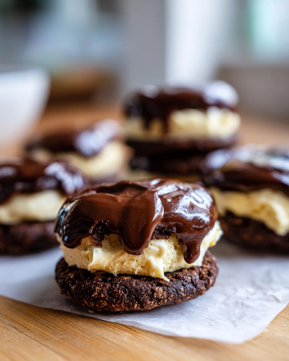 Close-up of a Best Boston Cream Pie Cookie Dessert with chocolate ganache and cream filling.