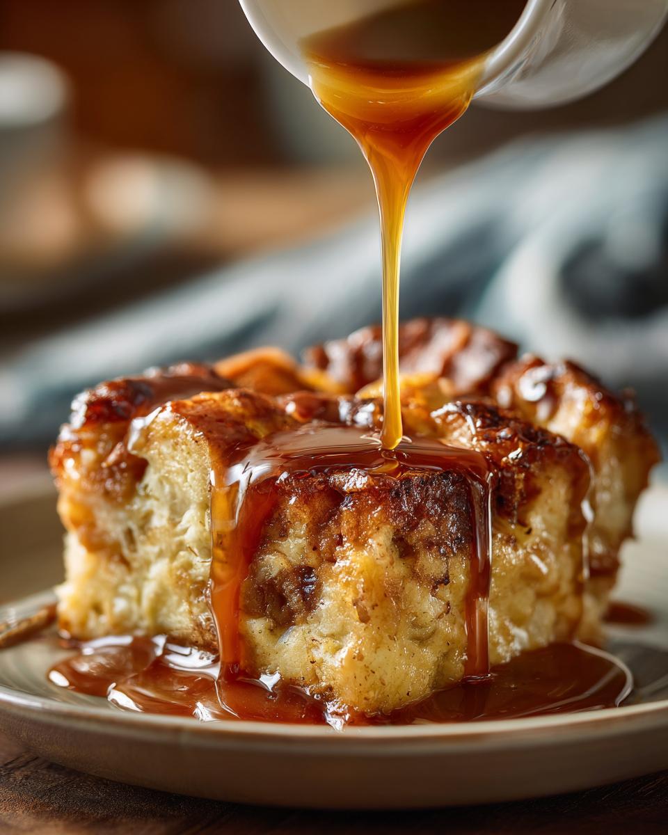 Close-up of Bourbon-Caramel Bread Pudding with caramel sauce being poured over it.