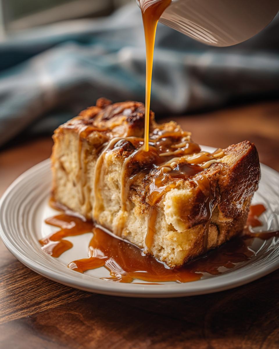 Close-up of Bourbon-Caramel Bread Pudding with caramel sauce being poured over it.
