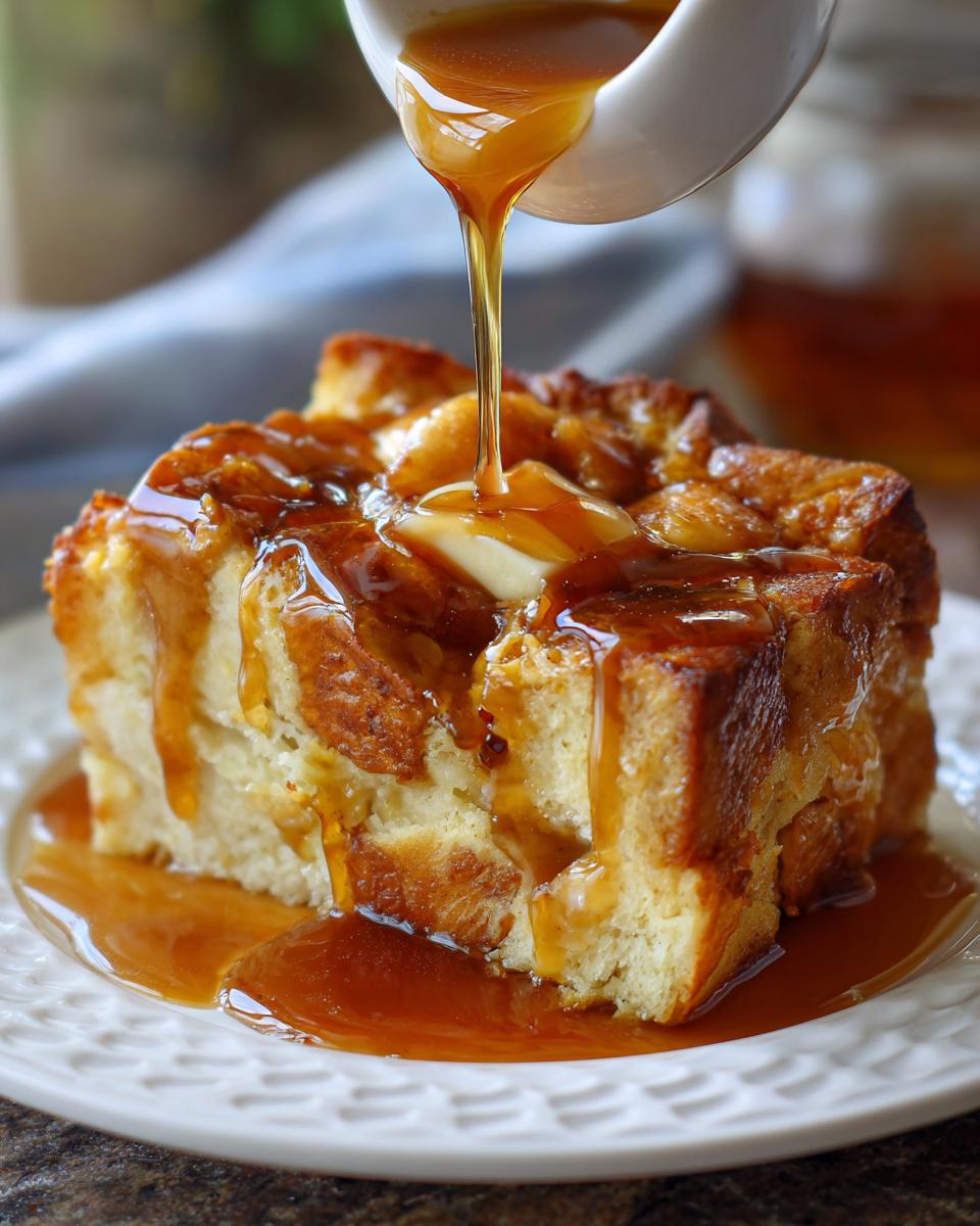 Close-up of Bourbon-Caramel Bread Pudding with caramel sauce being poured over it.