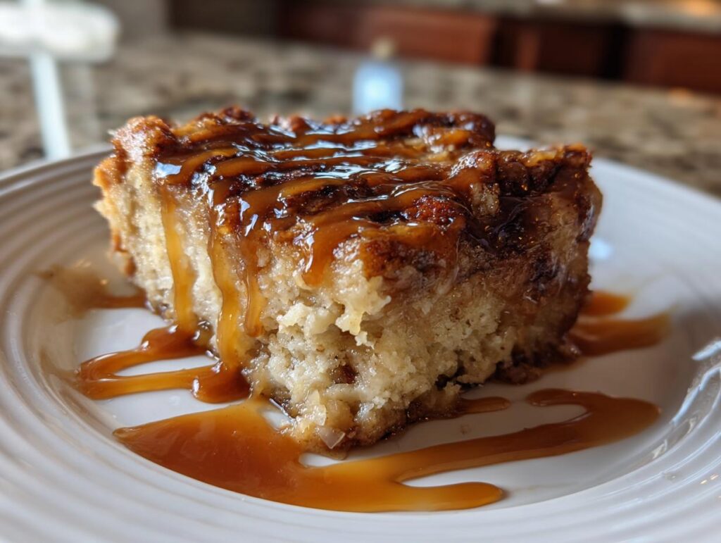 A slice of Bourbon-Caramel Bread Pudding drizzled with caramel sauce on a white plate.