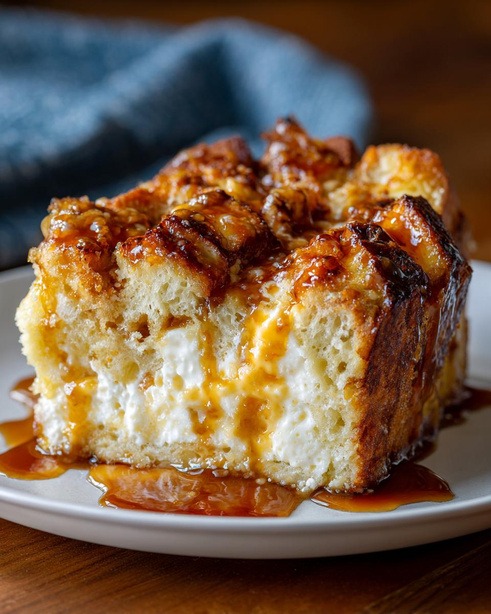 Close-up of a slice of Bourbon-Caramel Bread Pudding with caramel sauce drizzled on a plate.