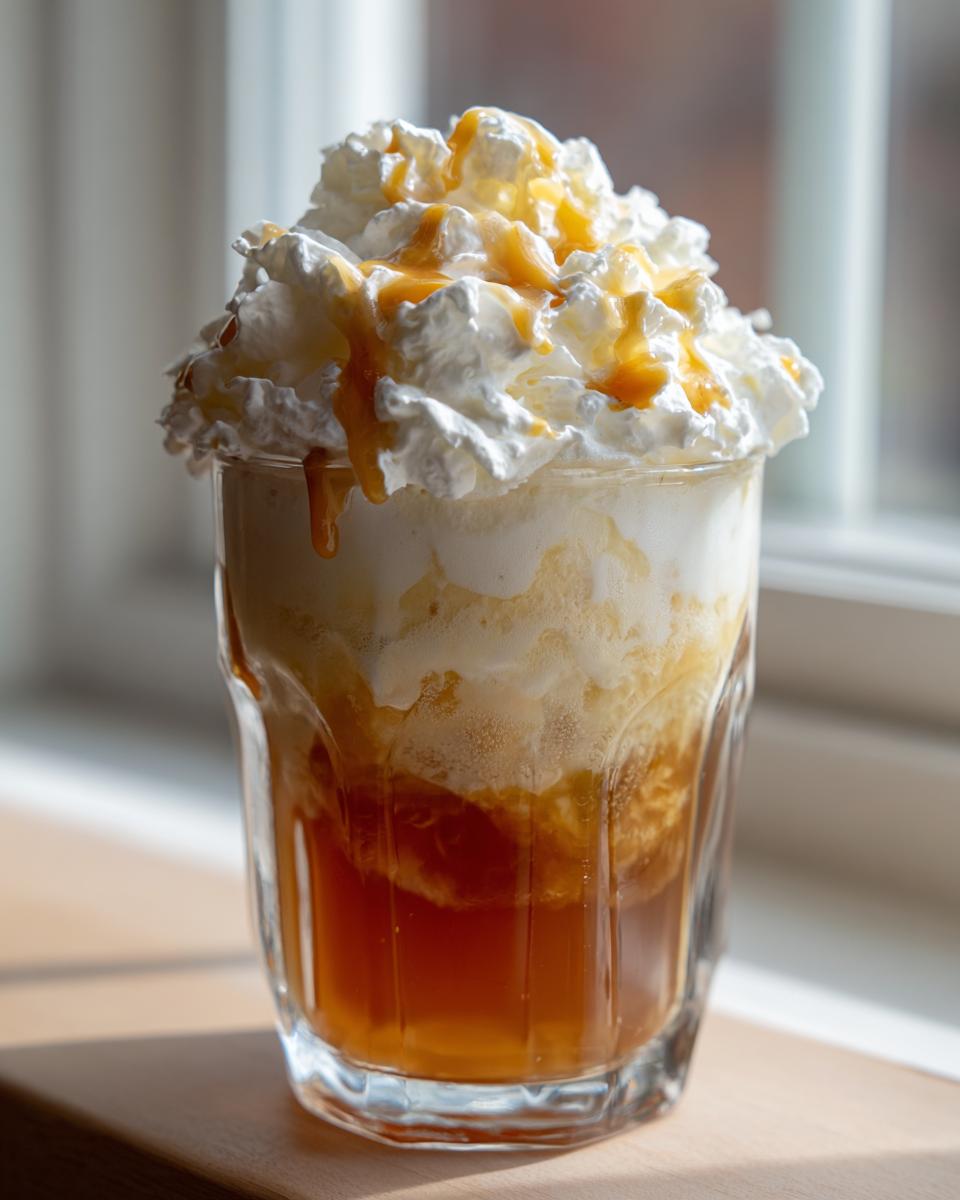 A tall glass of Butterbeer Float topped with whipped cream and caramel drizzle, perfect for a magical treat.