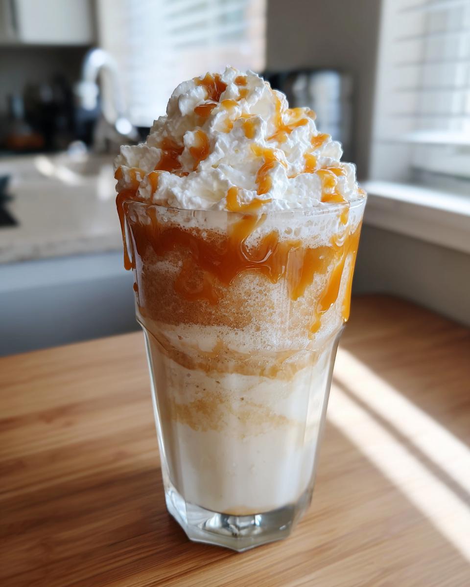 A tall glass of Butterbeer Float topped with whipped cream and caramel drizzle.