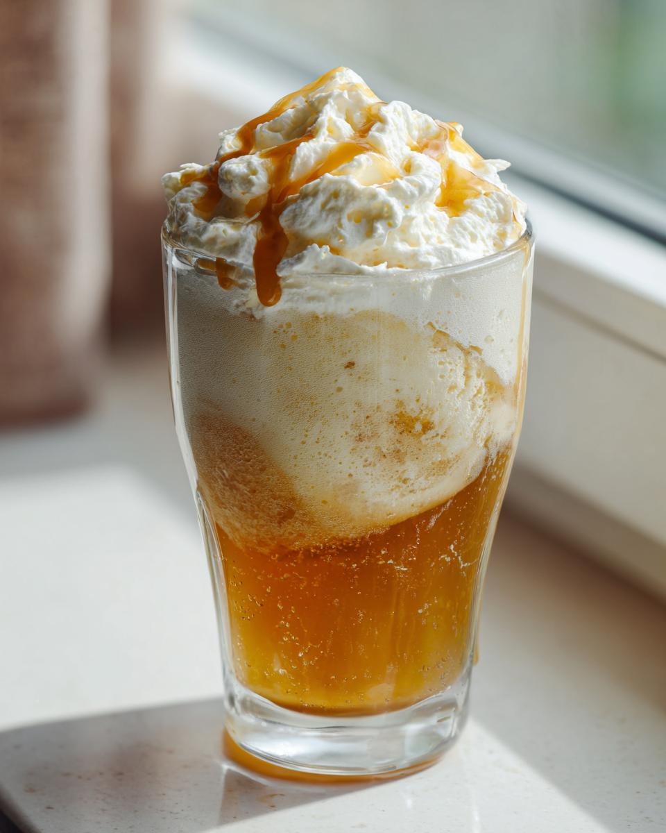 A tall glass of a Butterbeer Float topped with whipped cream and caramel drizzle, a magical treat.