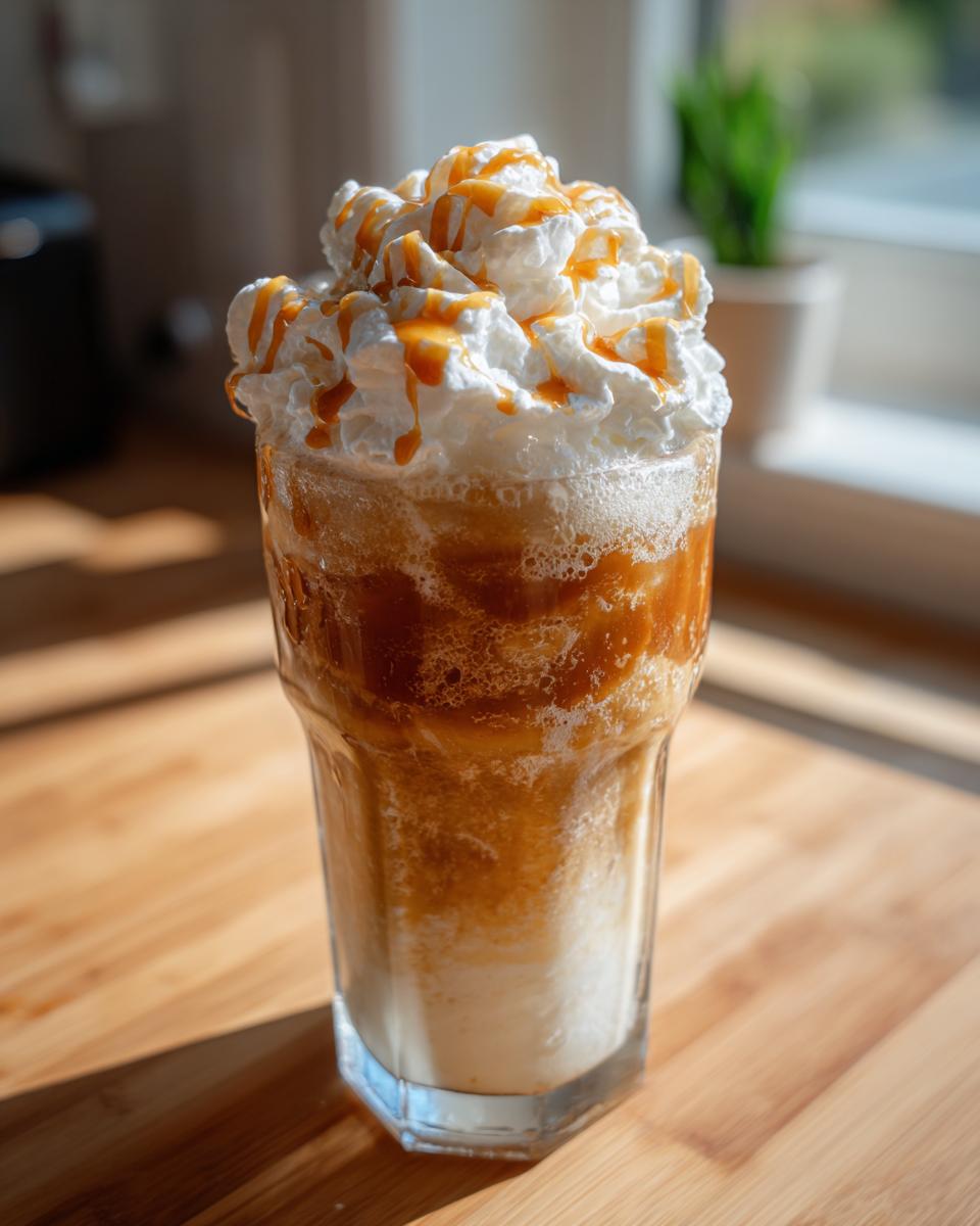 A tall glass of Butterbeer Float topped with whipped cream and caramel drizzle.